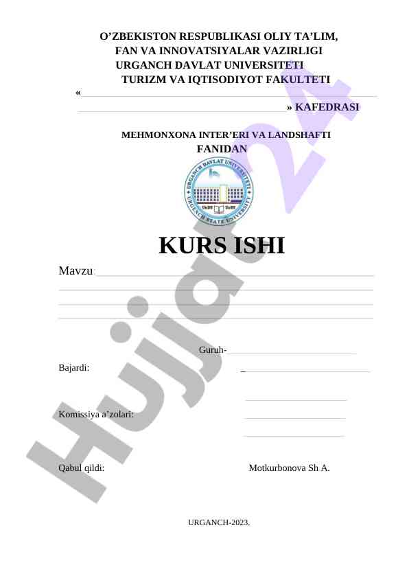 Mehmonxona inter'eri va landshafti fanidan kurs ish