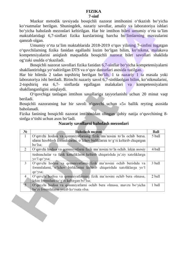 Fizika 7-sinf imtihonini o'tkazish metodikasi