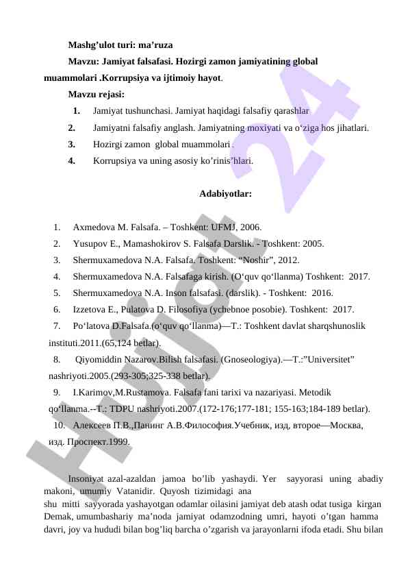 Jamiyat falsafasi: hozirgi zamon global muammolari