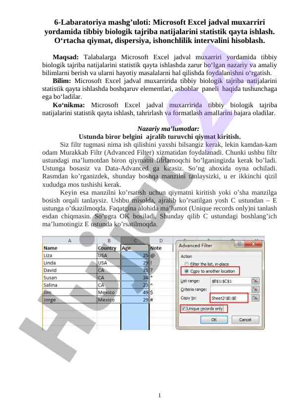 Microsoft excelda tibbiy biologik tajriba statistikasi