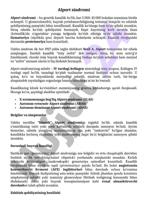 Alport sindromi o'zbek tilida 