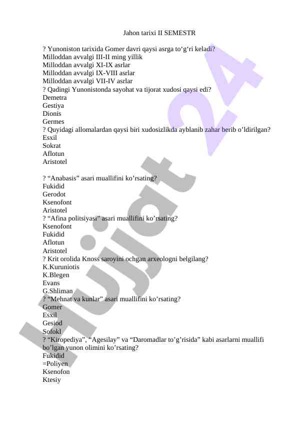 Yunoniston tarixiga oid savollar testi