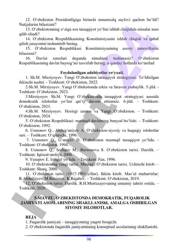 O‘zbekiston respublikasi konstitutsiyasi asosiy tamoyillari