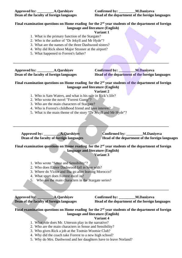 Final examination questions for foreign language students