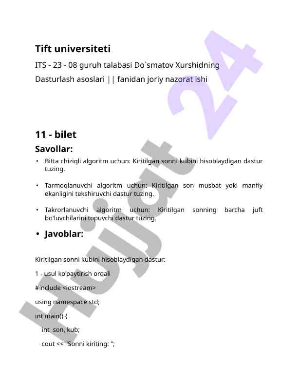 Dasturlash asoslari nazorat ishlari