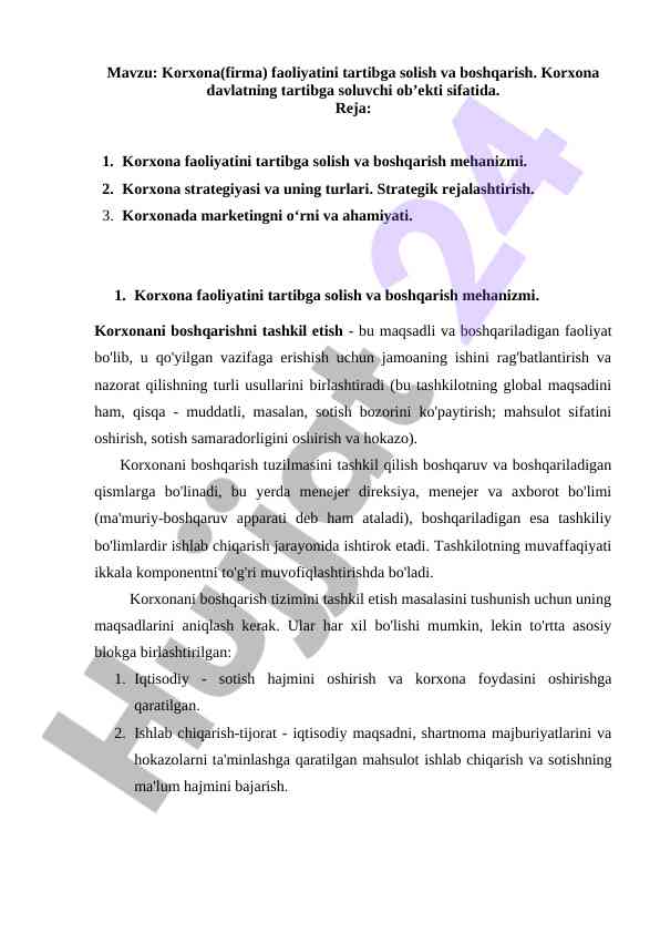 Korxona faoliyatini tartibga solish va boshqarish