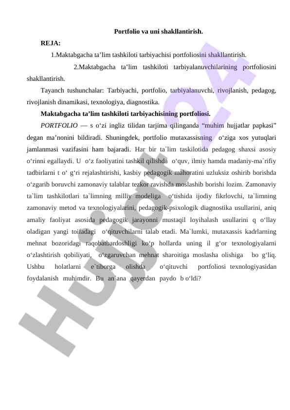 Maktabgacha ta'lim tashkilotida portfolio shakllantirish