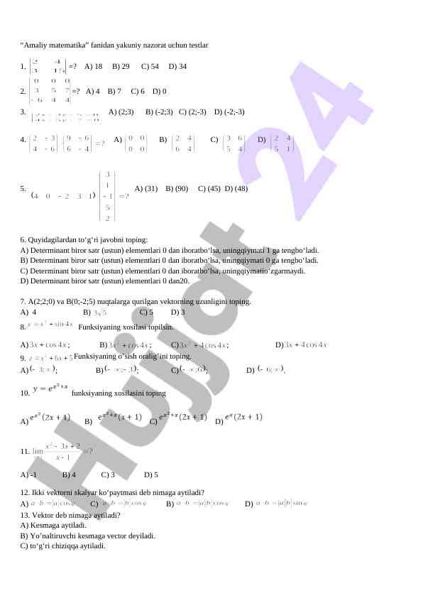 Amaliy matematika fanidan imtihon testlari