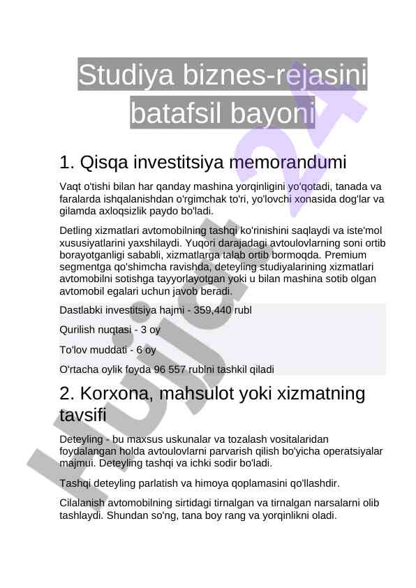 Biznes-rejaning detayli tahlili va investitsiya foydasi