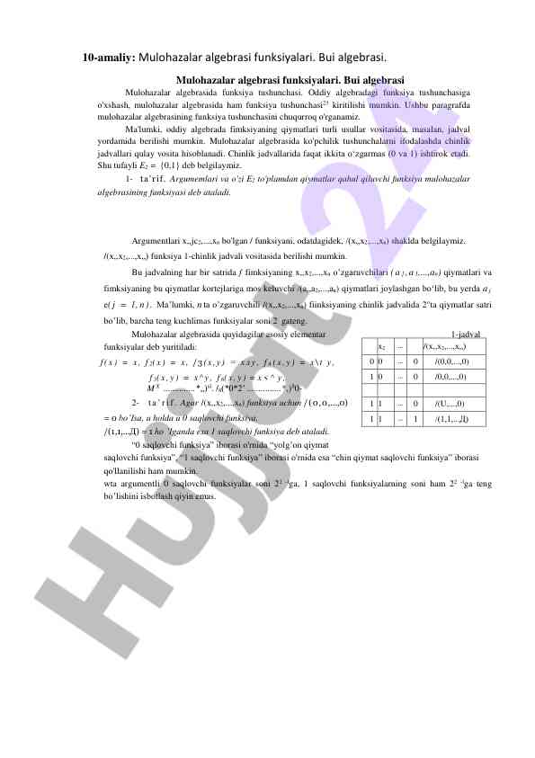 Mulohazalar algebrasi funksiyalari tushunchasi