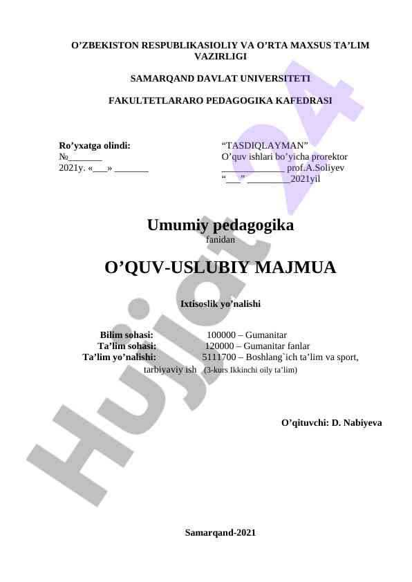 Umumiy pedagogika fanidan o‘quv-uslubiy majmua