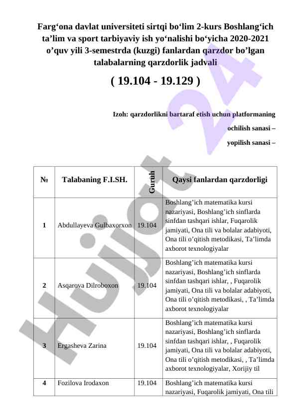 Qarzdor talabalar uchun jadval 2020-2021 o‘quv yili