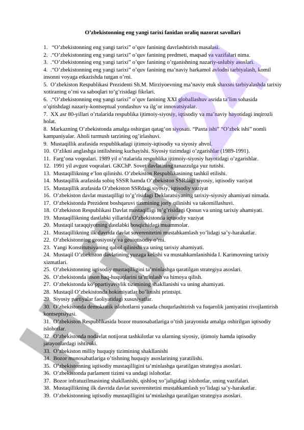 O'zbekistonning eng yangi tarixi dars ishlanmalari