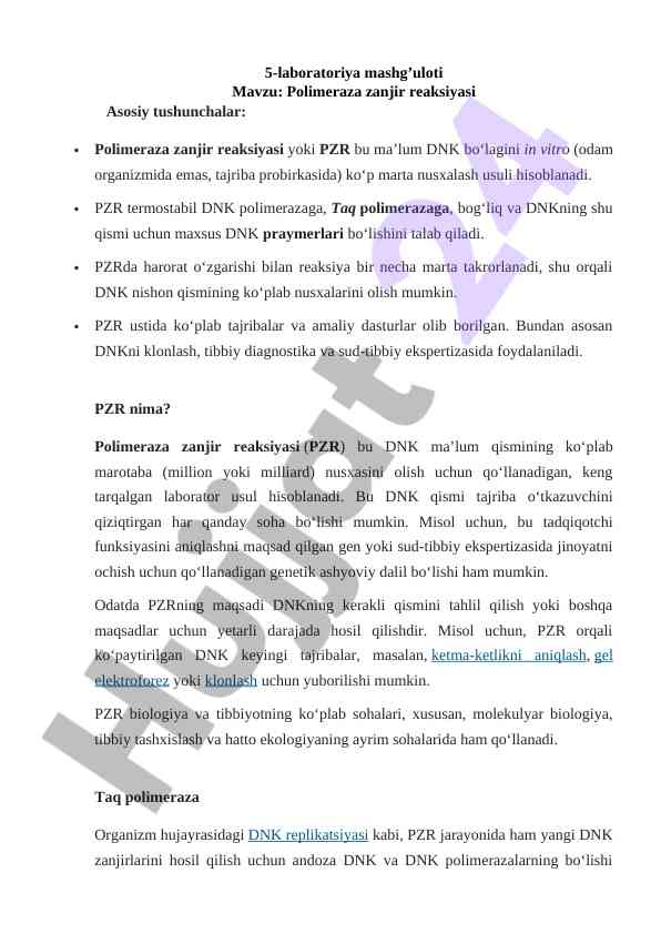 Polimeraza zanjir reaksiyasi tavsifi va amaliyoti