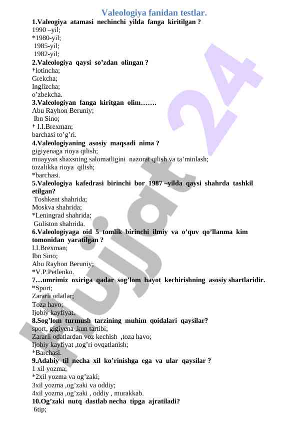 Valeologiya fanidan testlar