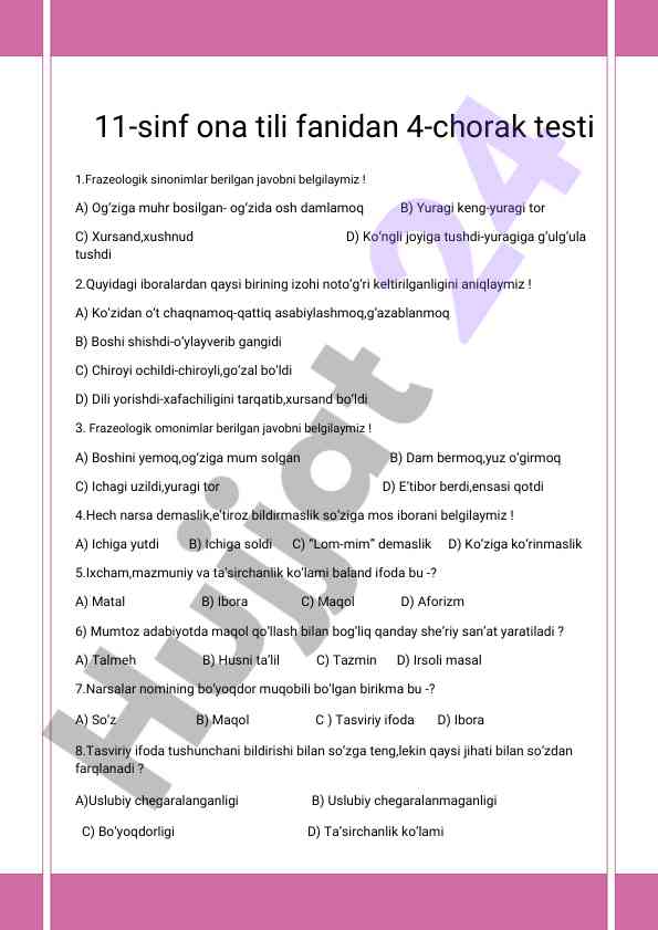 11-sinfona testining 4-chorak testi savollari