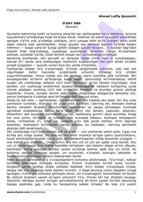 O’gay ona roman tahlili va mavzusi