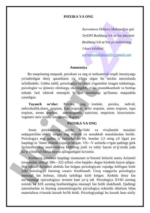 Psixika va ong: ilmiy qarashlar va tahlil