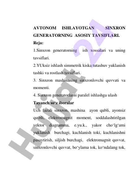 Avtonom ishlayotgan sinxron generatorning tavsiflari