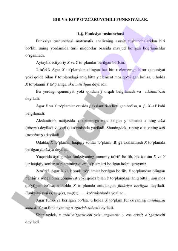 Bir va ko’p o’zgarmuvchili funktsiyalar bo’yicha tahlil