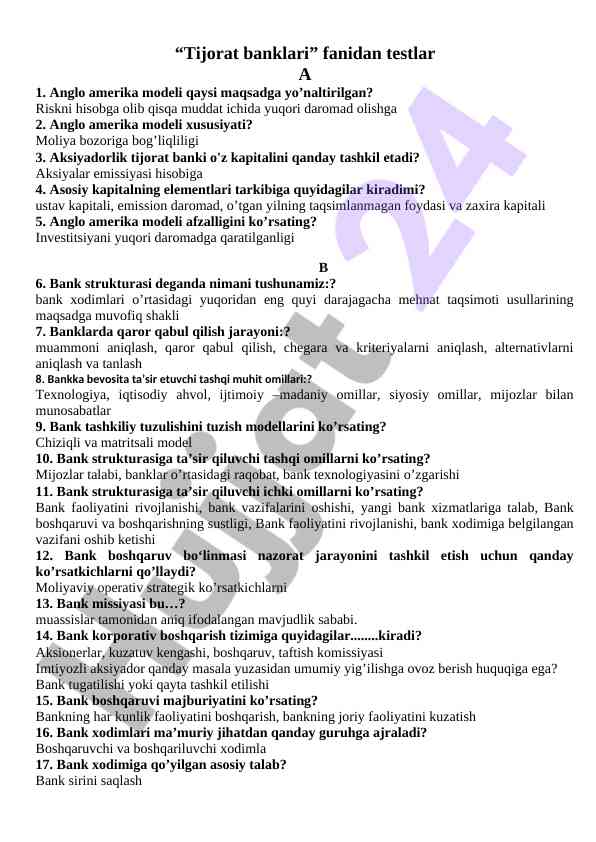 Tijorat banklari fanidan testlar