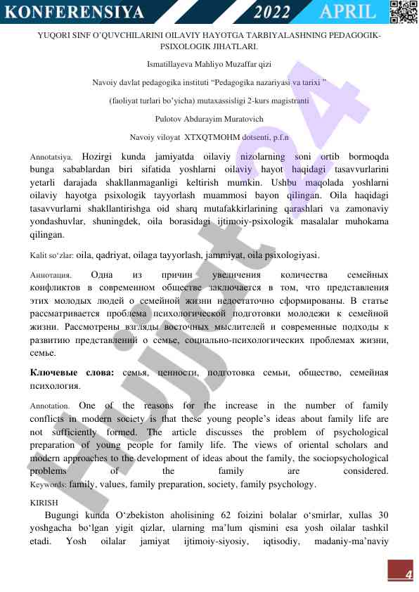 Oila psixologiyasi bo'yicha yoshlarni tayyorlash