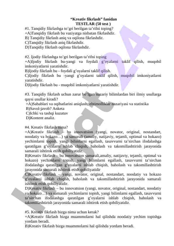 Tanqidiy va ijodiy fikrlash bo'yicha testlar