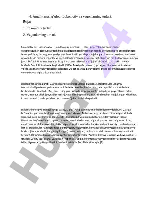 Lokomotiv va vagonlarning turlari haqida mashg'ulot