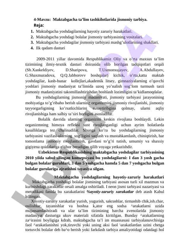 Maktabgacha ta'limda jismoniy tarbiya asoslari