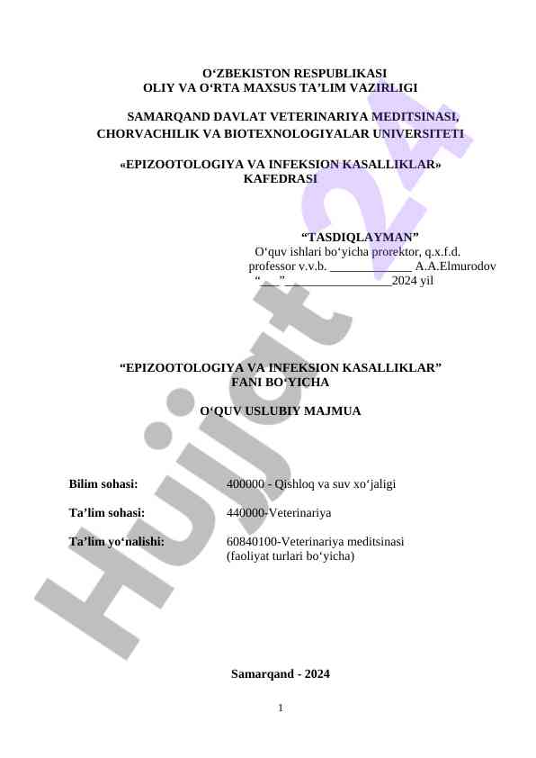 Epizootologiya va infektsion kasalliklar uslubiy majmua