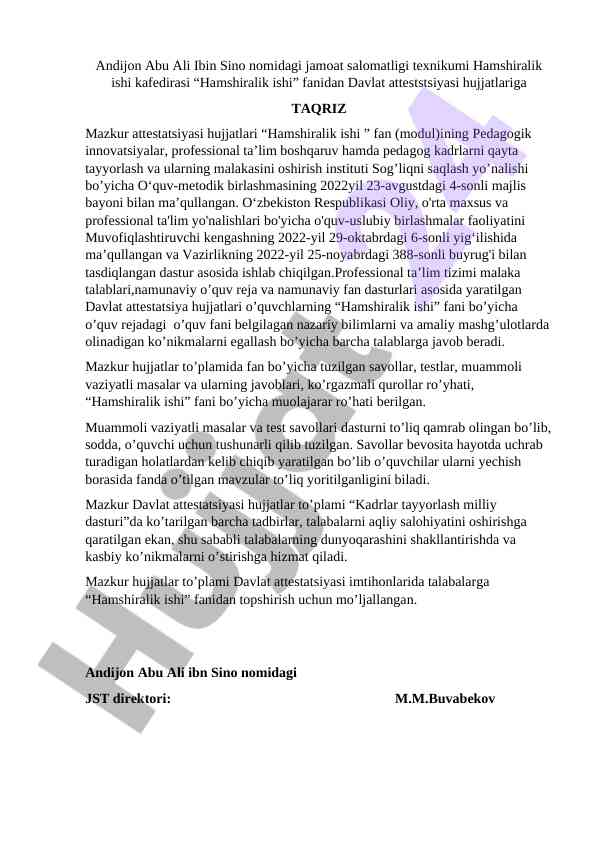 Hamshiralik ishida davlat attestatsiyasi hujjatlari taqriz