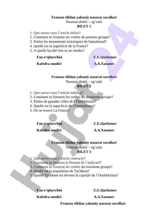 Fransuz tili yakuniy nazorat savollari