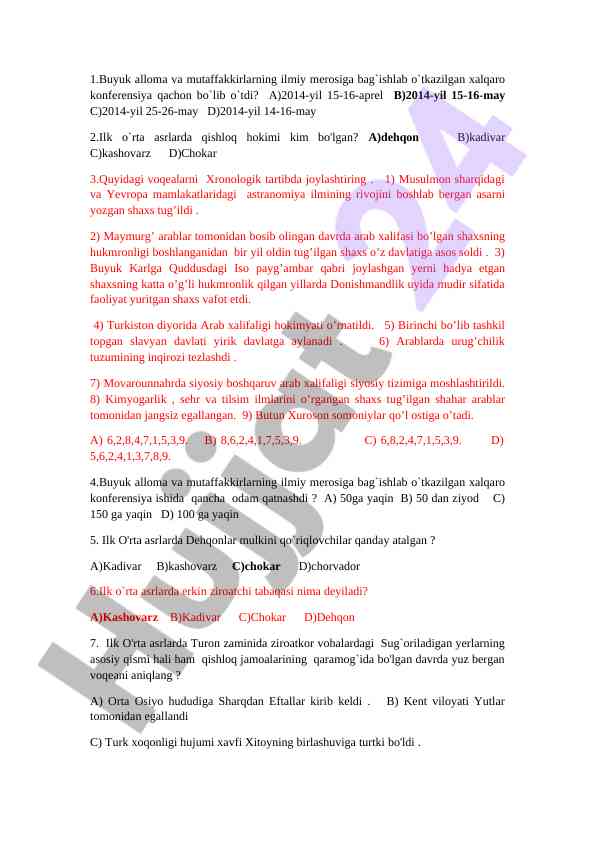 Meros va tarixiy voqealar bo'yicha test savollari