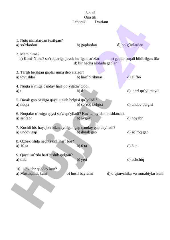 3-sinf ona tili testlari i chorak variantlari