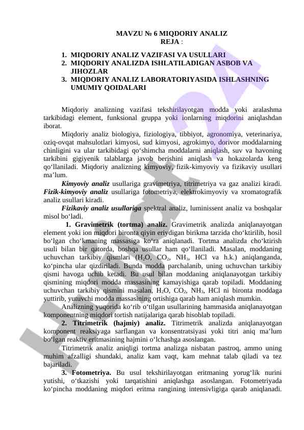 Miqdoriy analiz usullari va vazifalari