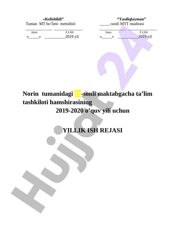Maktabgacha ta’lim tashkiloti yillik ish rejasi