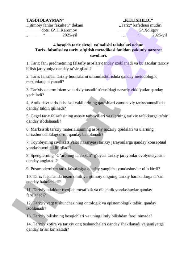 Tarix falsafasi va o‘qitish metodikasi savollari