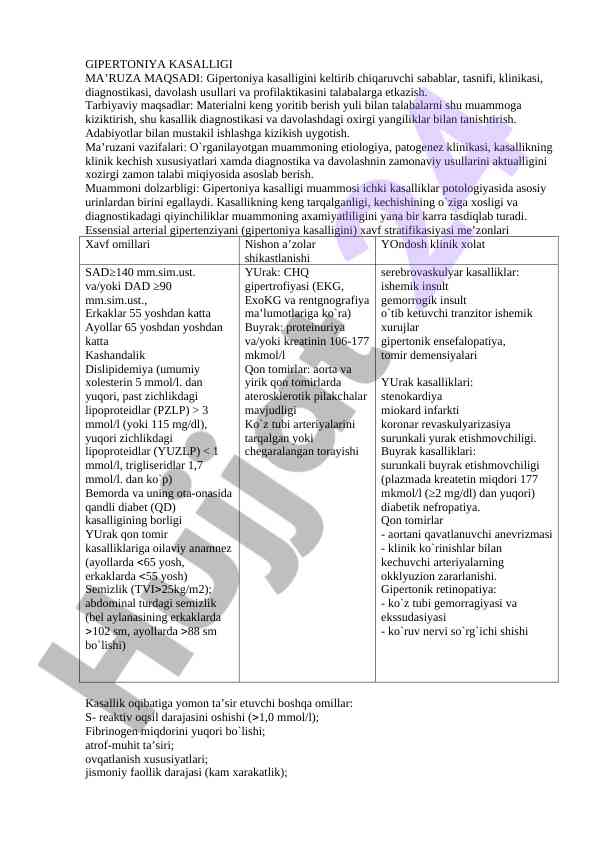 GIPERTONIYA KASALLIGI VA UNING MUAMMOLARI