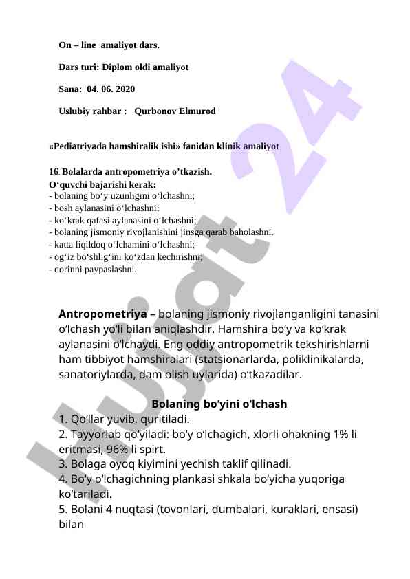 Pediatriyada hamshiralik ishi amaliyoti