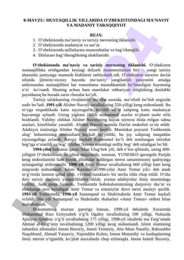 O‘zbekiston mustaqillik yillarida ma’naviy rivojlanish