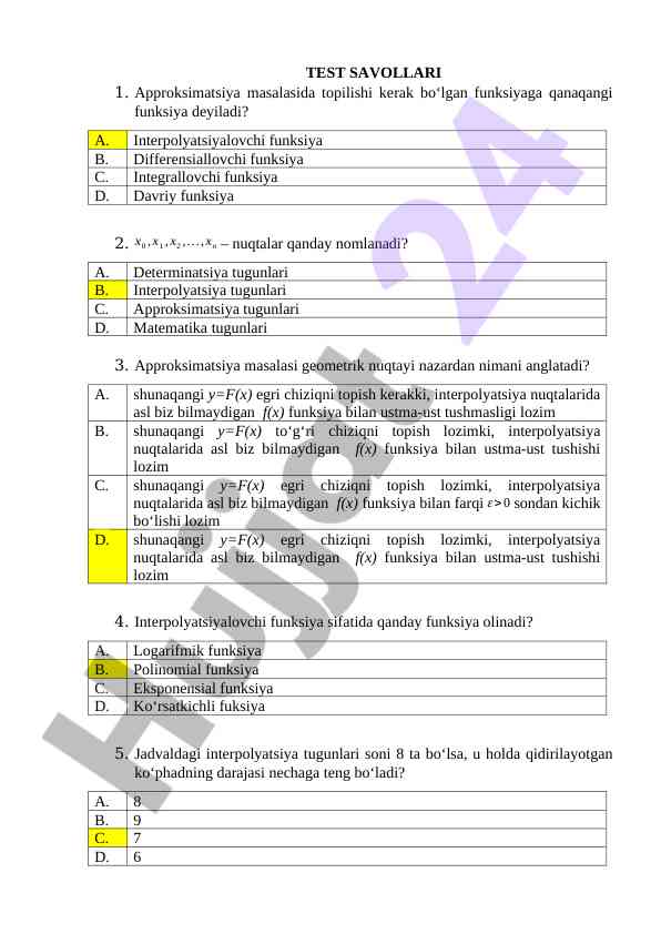 Approksimatsiya masalasiga oid savollar