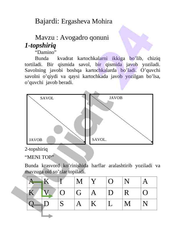 Avogadro qonuni bo‘yicha o‘quv mashg‘ulotlari