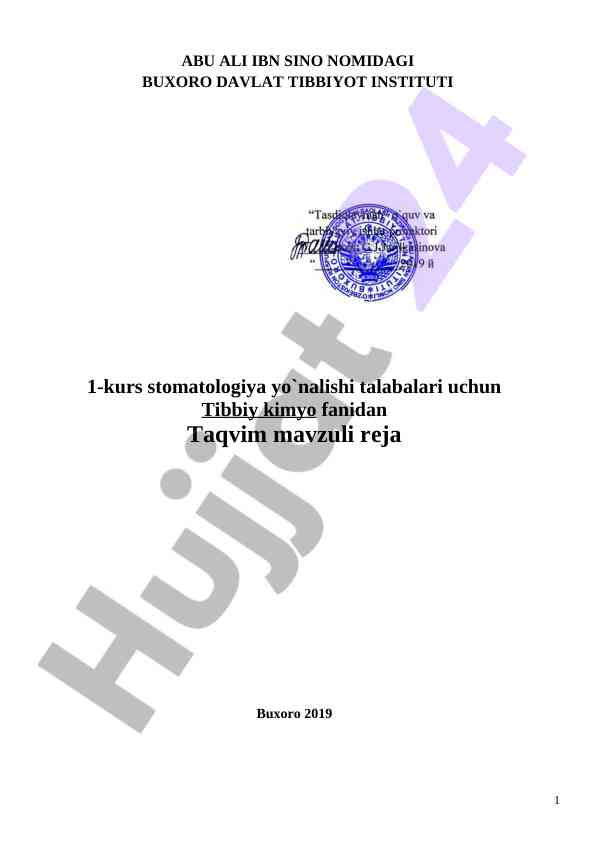 Tibbiy kimyo fanidan kalendar tematik rejasi