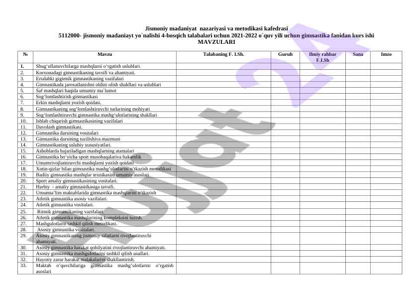 Gimnastika fanidan kurs ishlari mavzulari taqdimoti