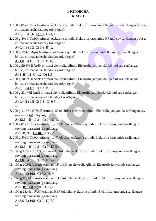 Tok o‘tishi masalalari asosida elektroliz savollari