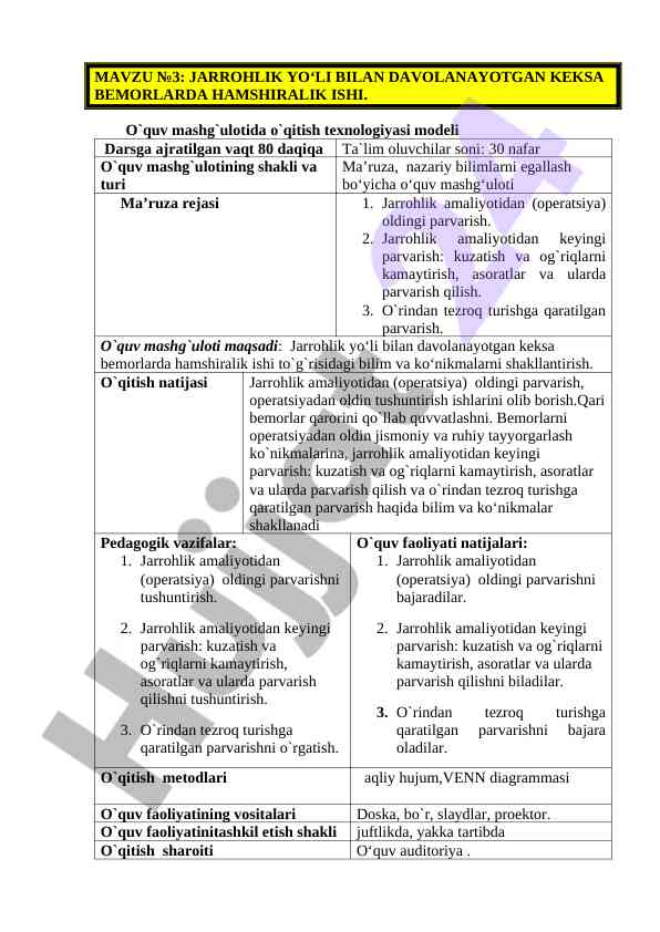 Jarrohlik amaliyotida hamshiralar uchun ta'lim