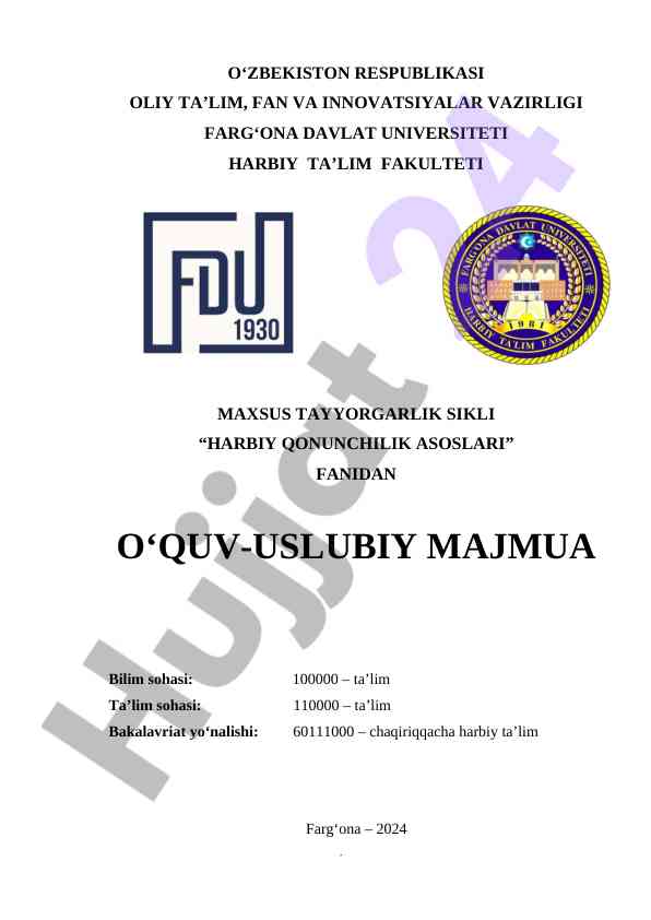Harbiy qonunchilik asoslari fanidan o‘quv-uslubiy majmua