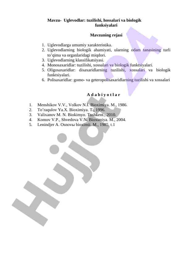 Uglevodlar tuzilishi va biologik funktsiyalari