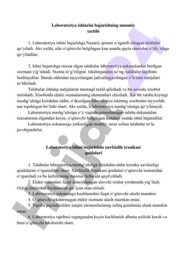 Laboratoriya ishlarini bajarish tartibi va talablar