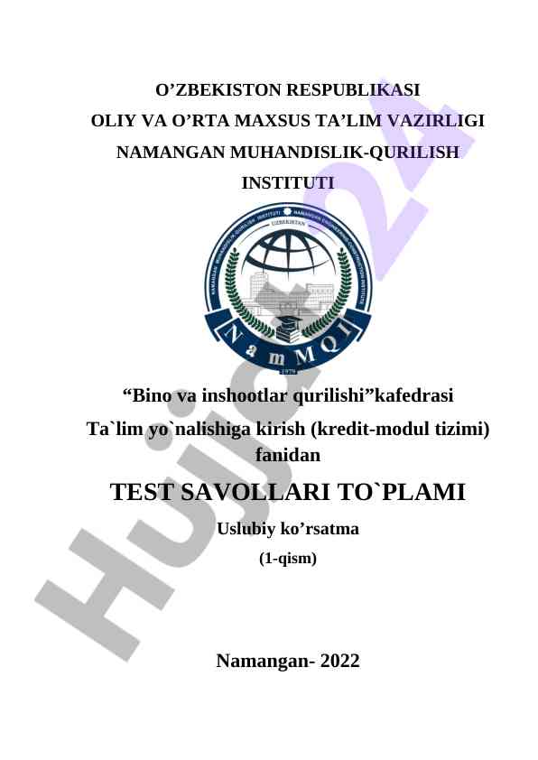Test savollari to'plami bino va inshootlar qurilishi